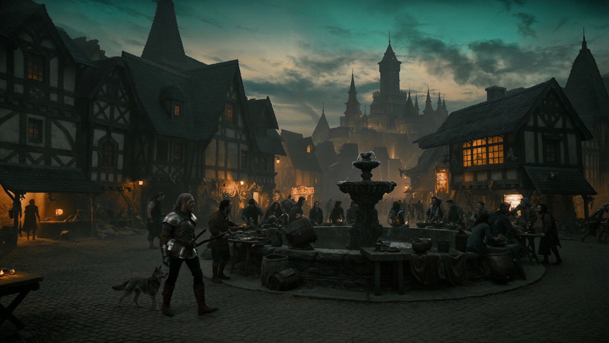 Bustling town square at dusk
